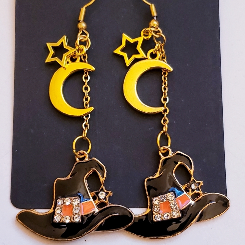 Handmade Orange Black Star Moon Rhinestone Halloween Witch Hat Dangle Earrings